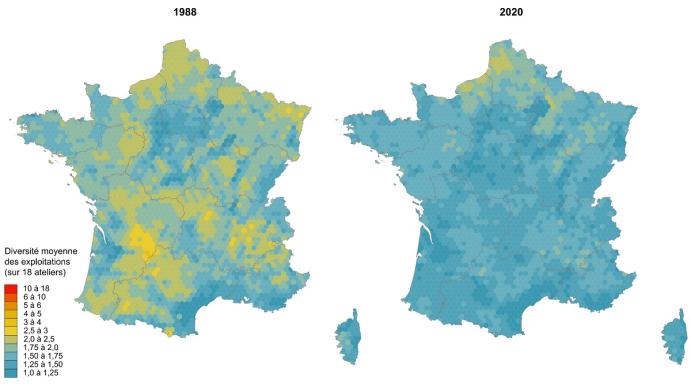 2 cartes de France comparant la spécialisation de l'agriculture entre 1998 et 2020 on constate une diminution nette en 2020 de la diversité des exploitations sur le territoire